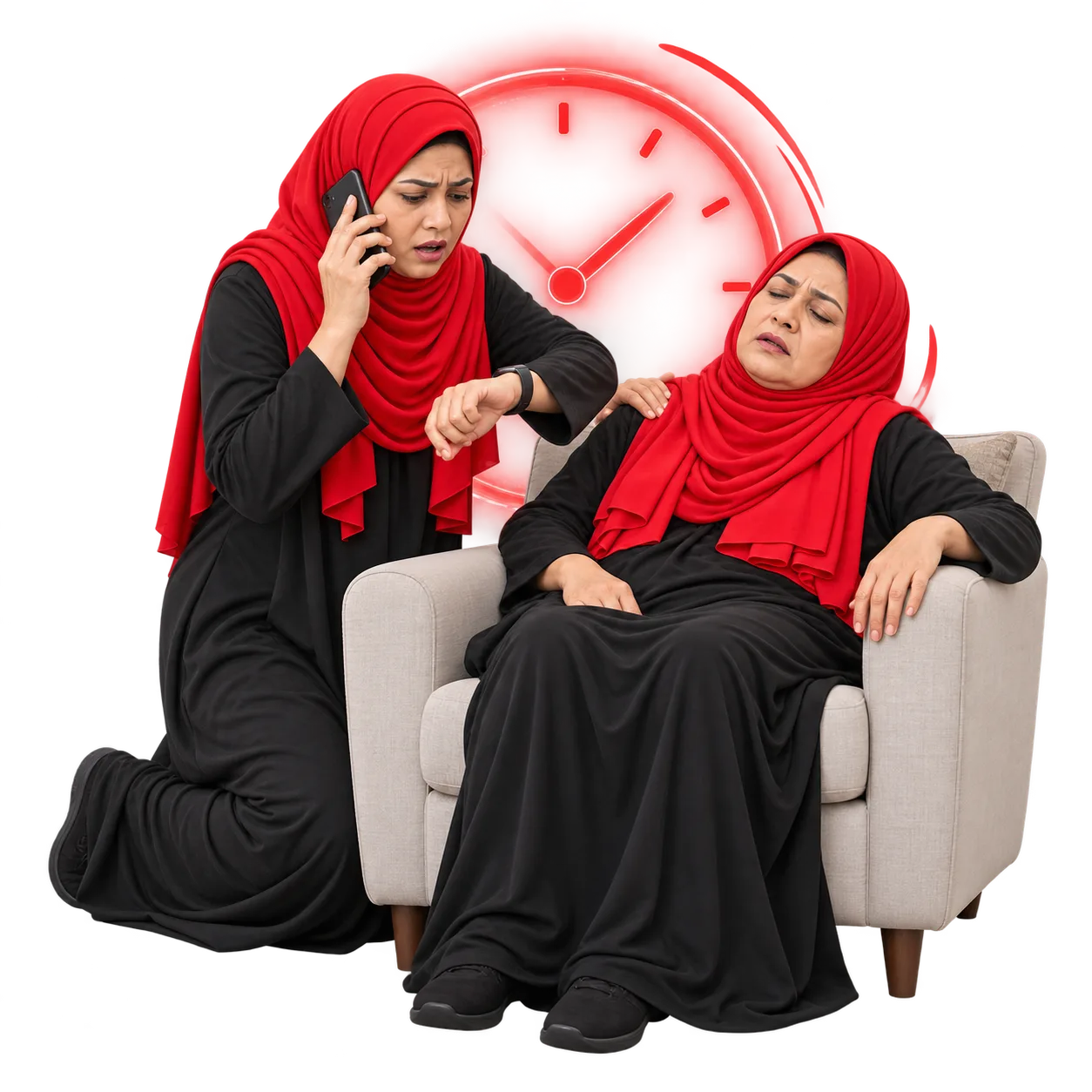 A daughter calling for emergency help, checking the time, beside her mother slumped in an armchair