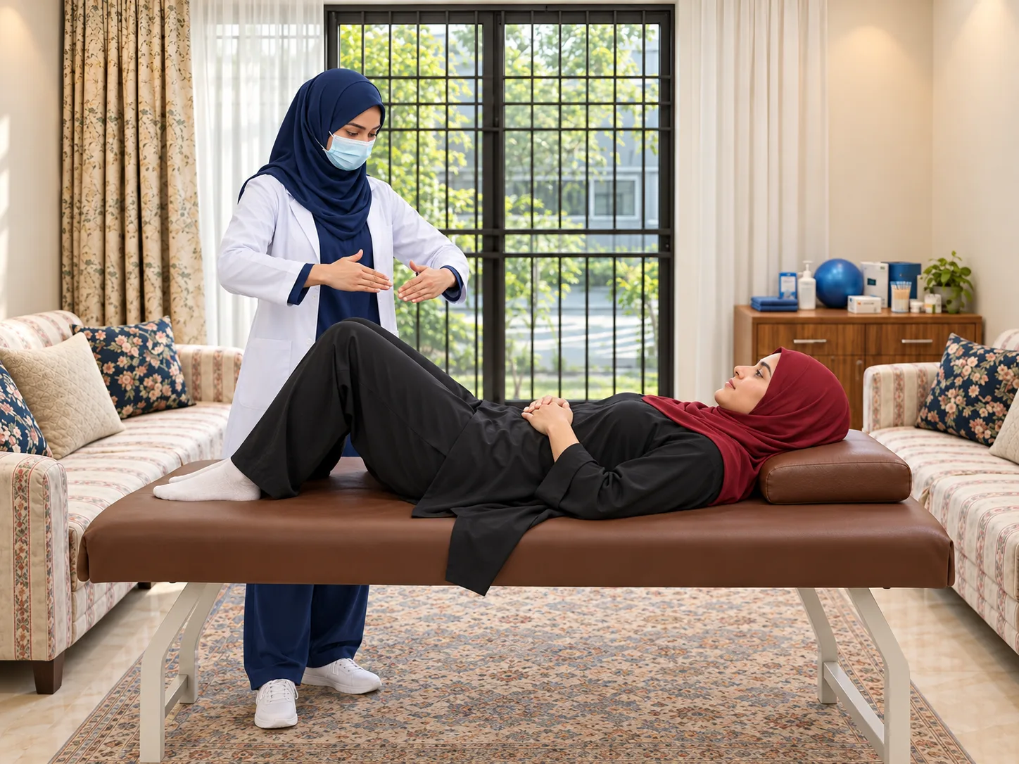 Illustrative image, not a real patient. A woman lies on a treatment couch with a pillow under her head while a female physiotherapist, hands raised, explains the technique before touching.