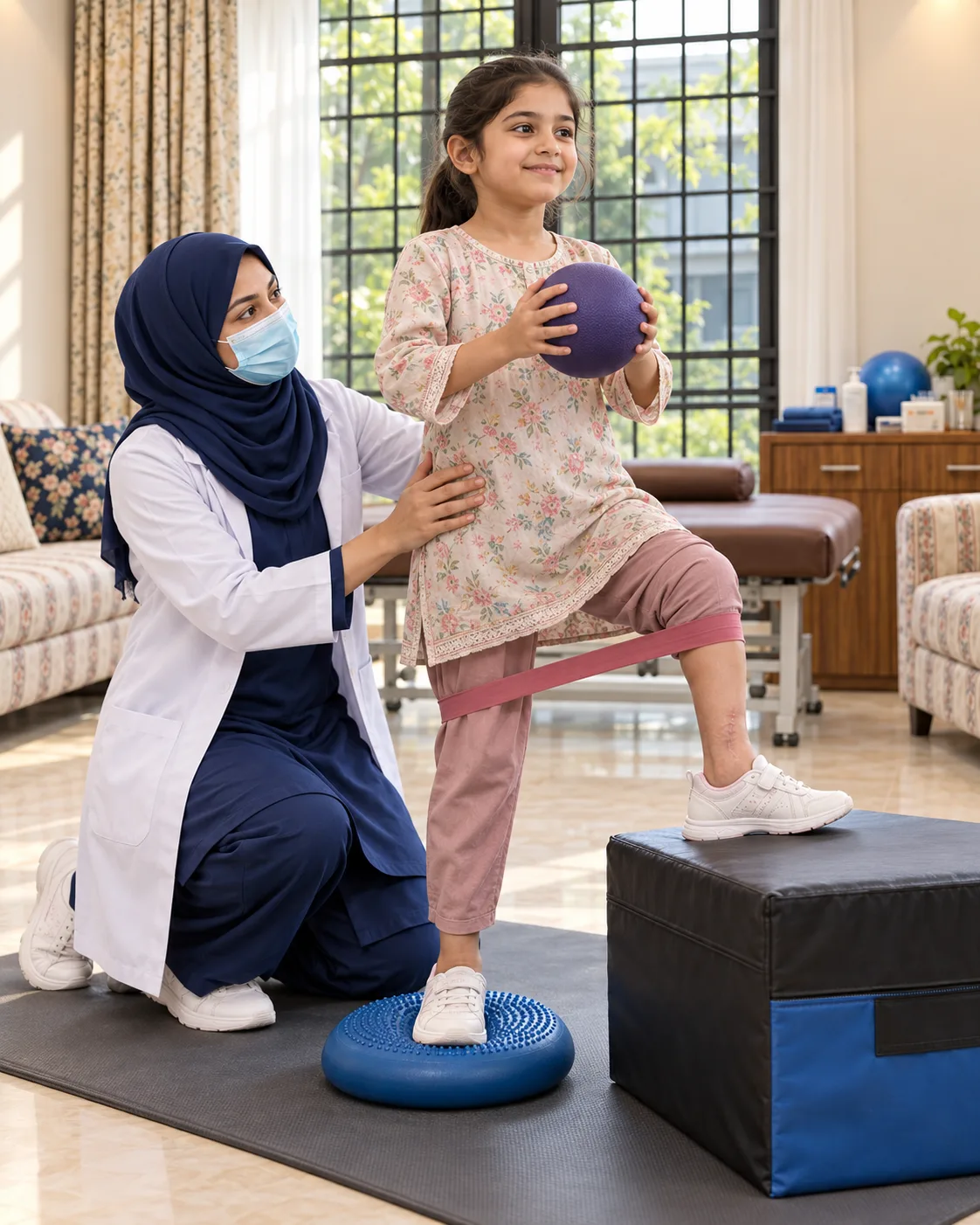A child with a female physiotherapist during a play-based session, illustrating support for after rotationplasty.