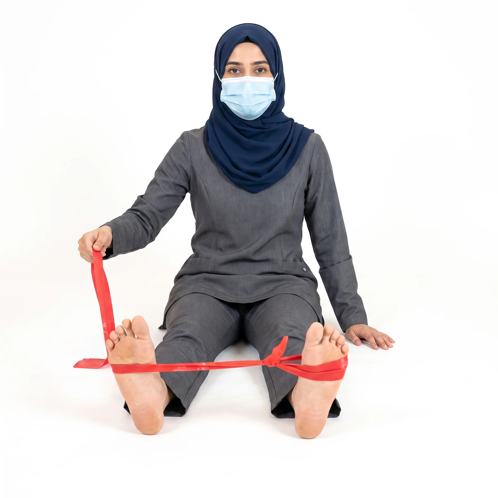 Woman using a resistance band around her feet for an ankle strengthening exercise