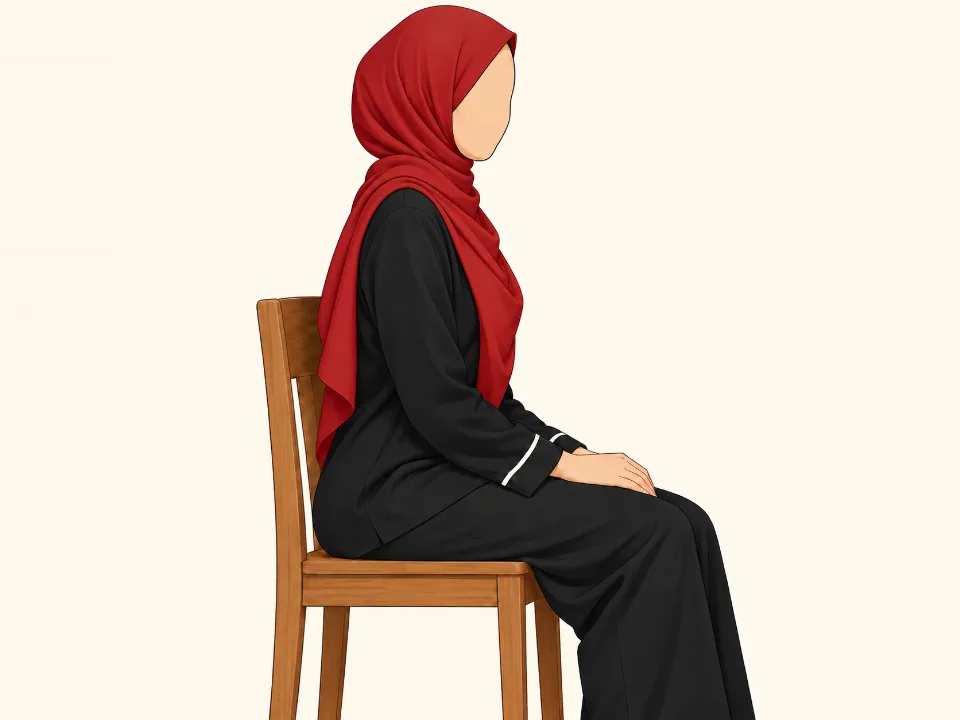 Woman in a red hijab sitting tall, gliding her chin back and drawing her shoulder blades gently back and down.