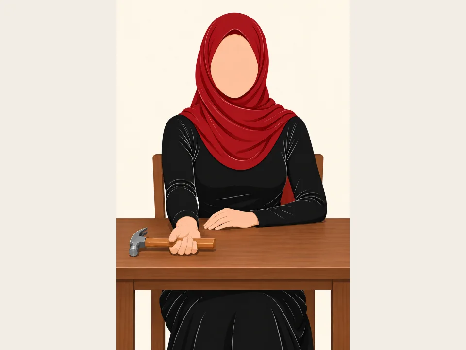 Woman in a red hijab with her forearm on a table, turning a hammer held upright.