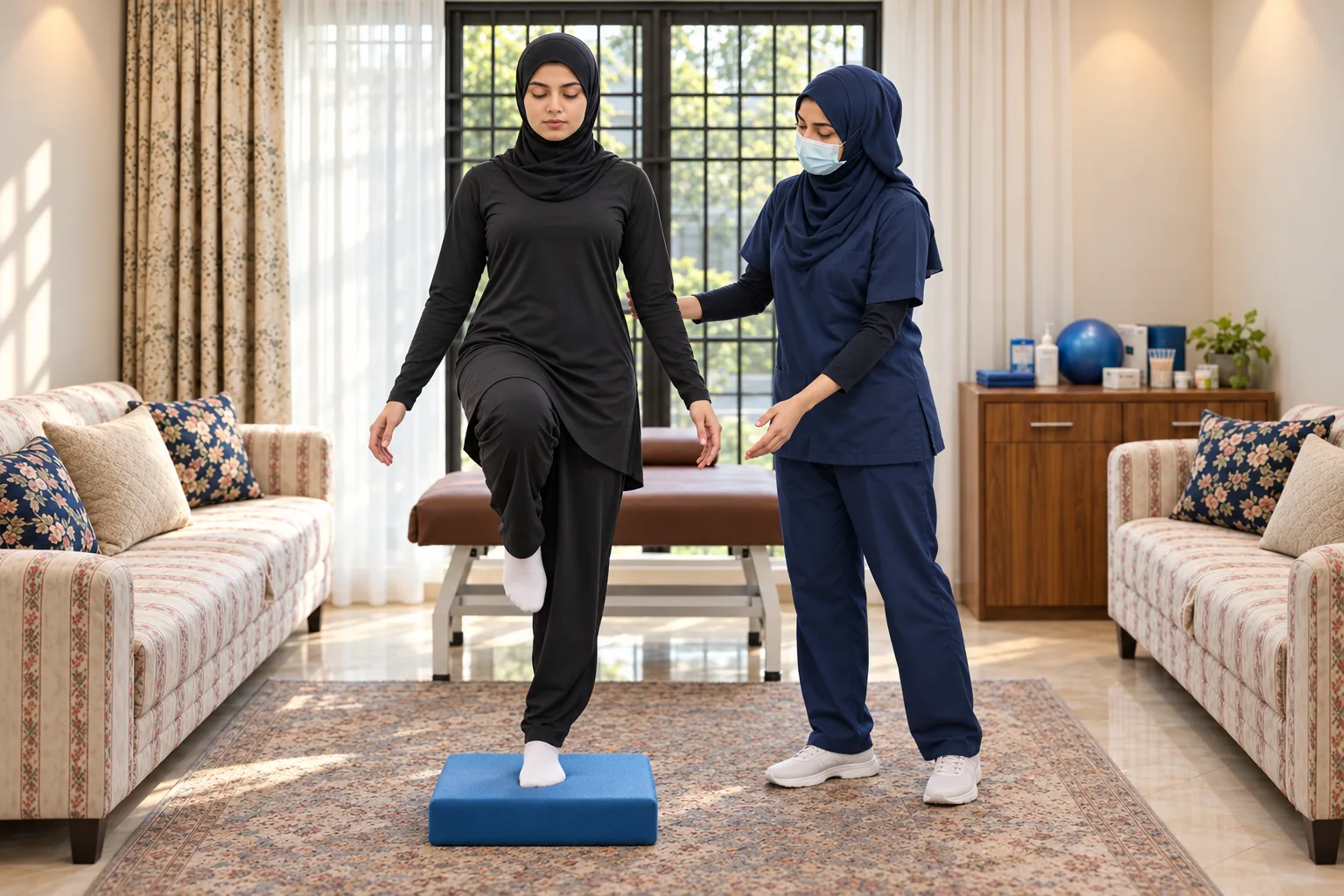 Illustrative image, not a real patient: a woman in a sports hijab balancing on one leg on a foam pad as a female physiotherapist stands ready to steady her.