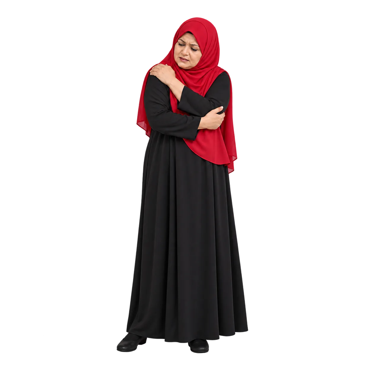 AI-generated Pakistani woman in a red hijab and modest black dress, supporting her painful right upper arm.