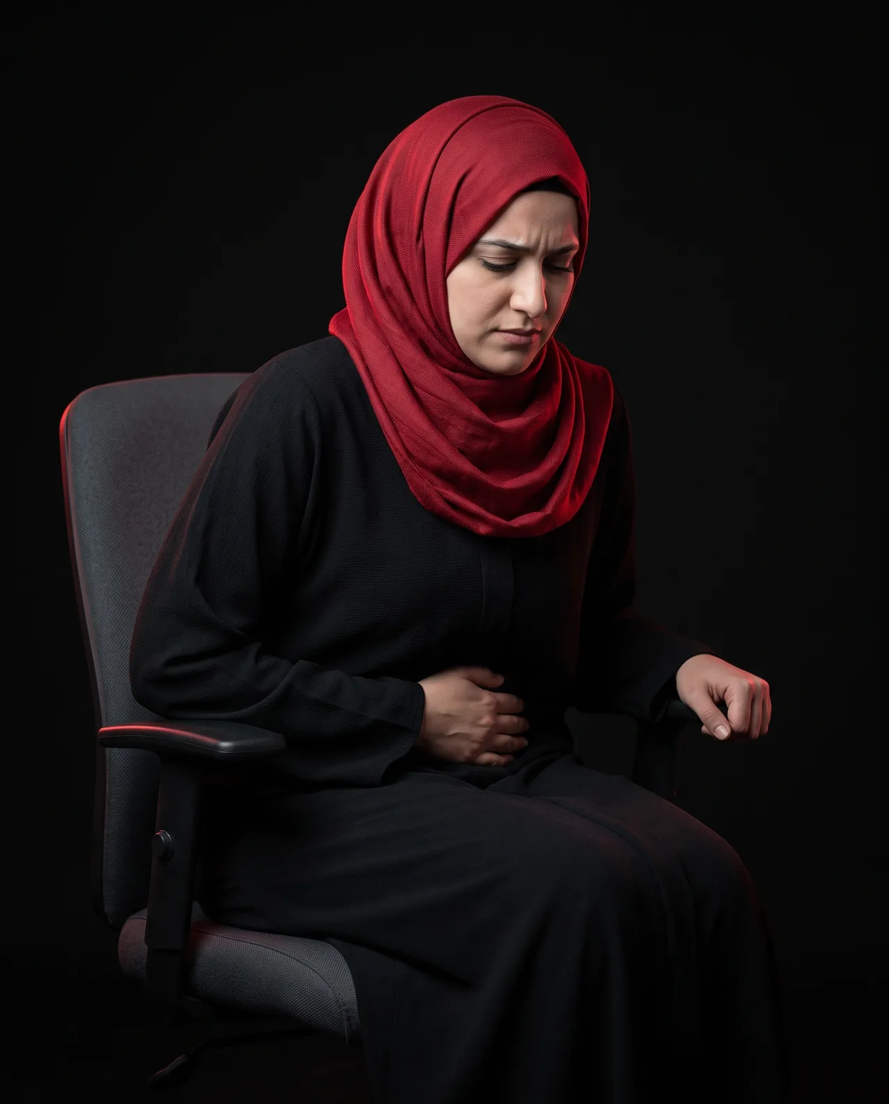 Woman in modest Muslim attire holding her lower abdomen during a women’s health physiotherapy consultation