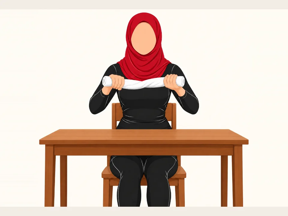 Woman in a red hijab wringing a rolled towel with both hands in front of her.
