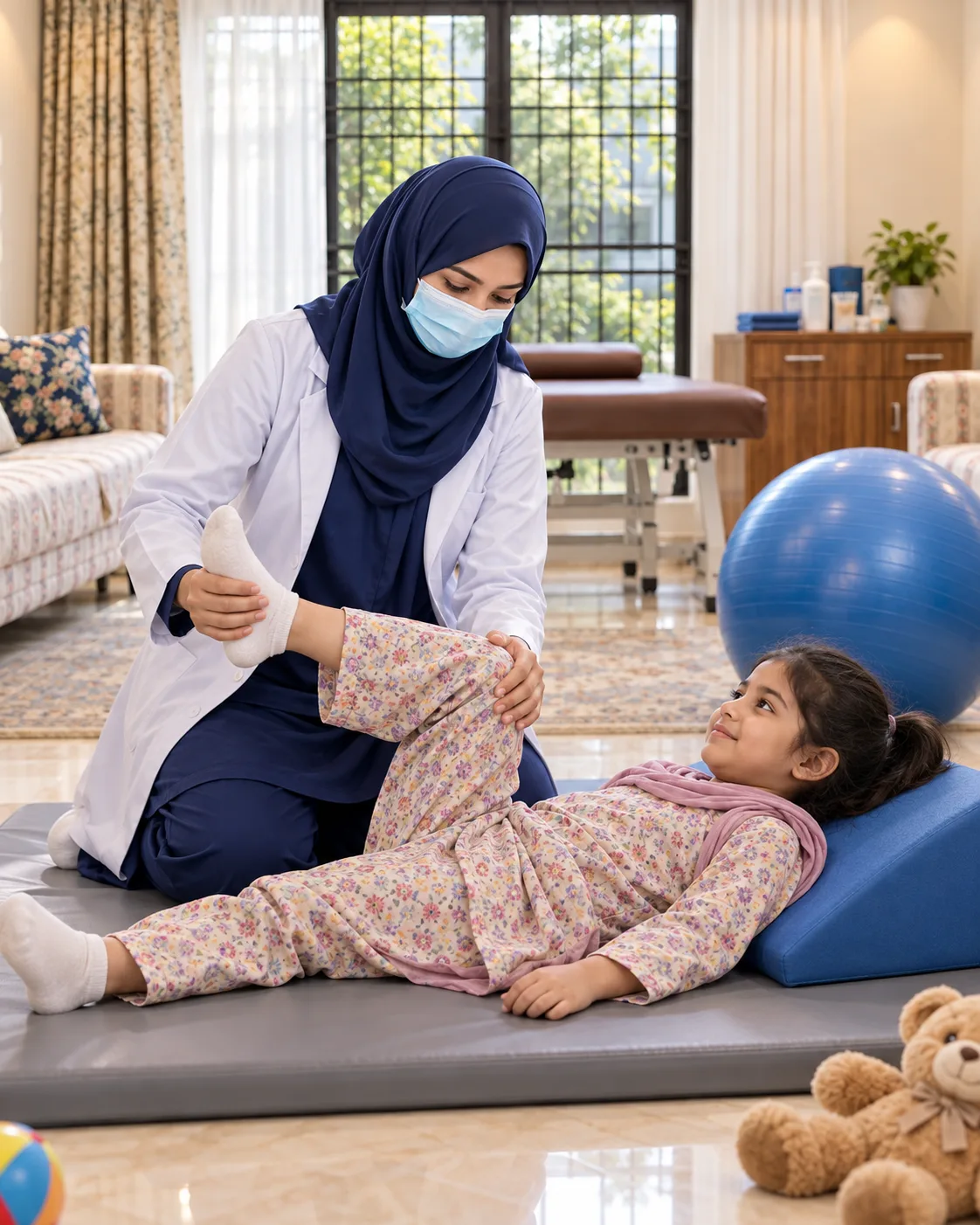 A child with a female physiotherapist during a play-based session, illustrating support for duchenne muscular dystrophy.