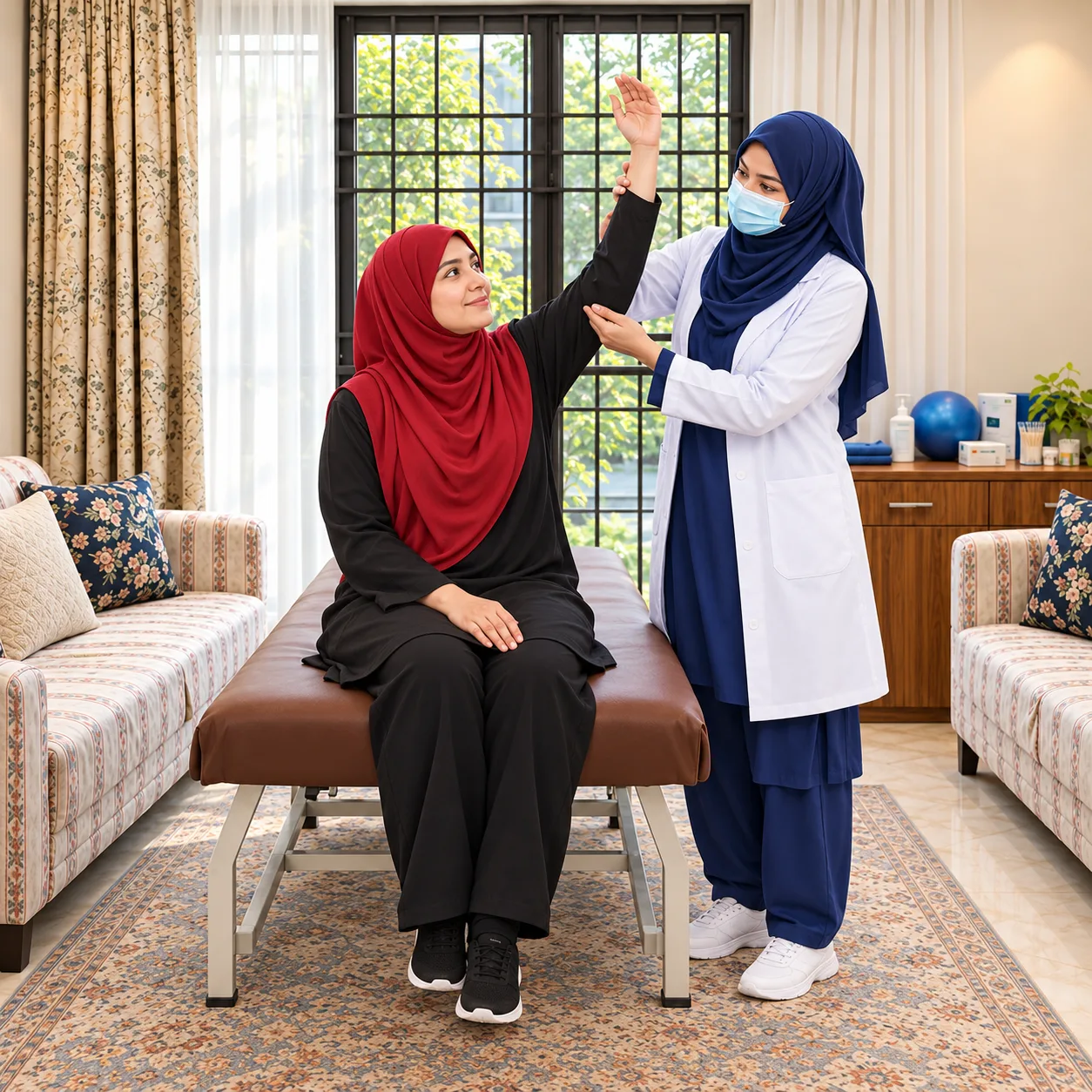 Illustrative supported arm elevation with a woman in black modest clothing and a red hijab alongside a masked female physiotherapist.