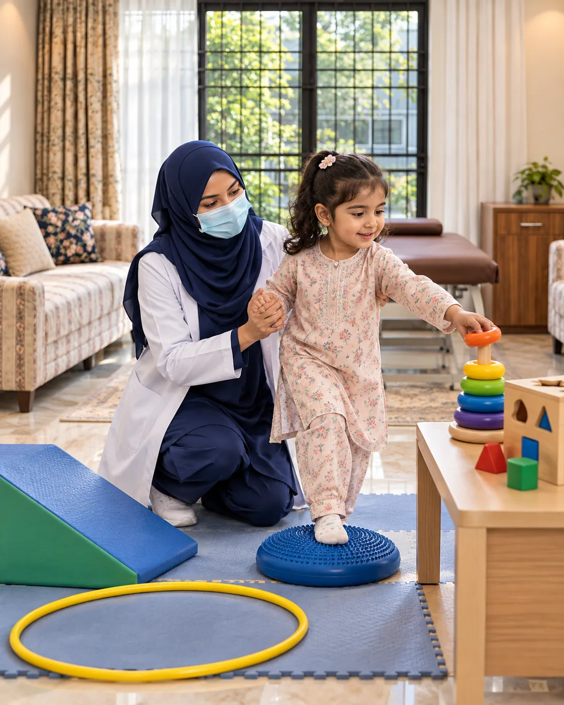 A child with a female physiotherapist during a play-based session, illustrating support for developmental delay & head control.