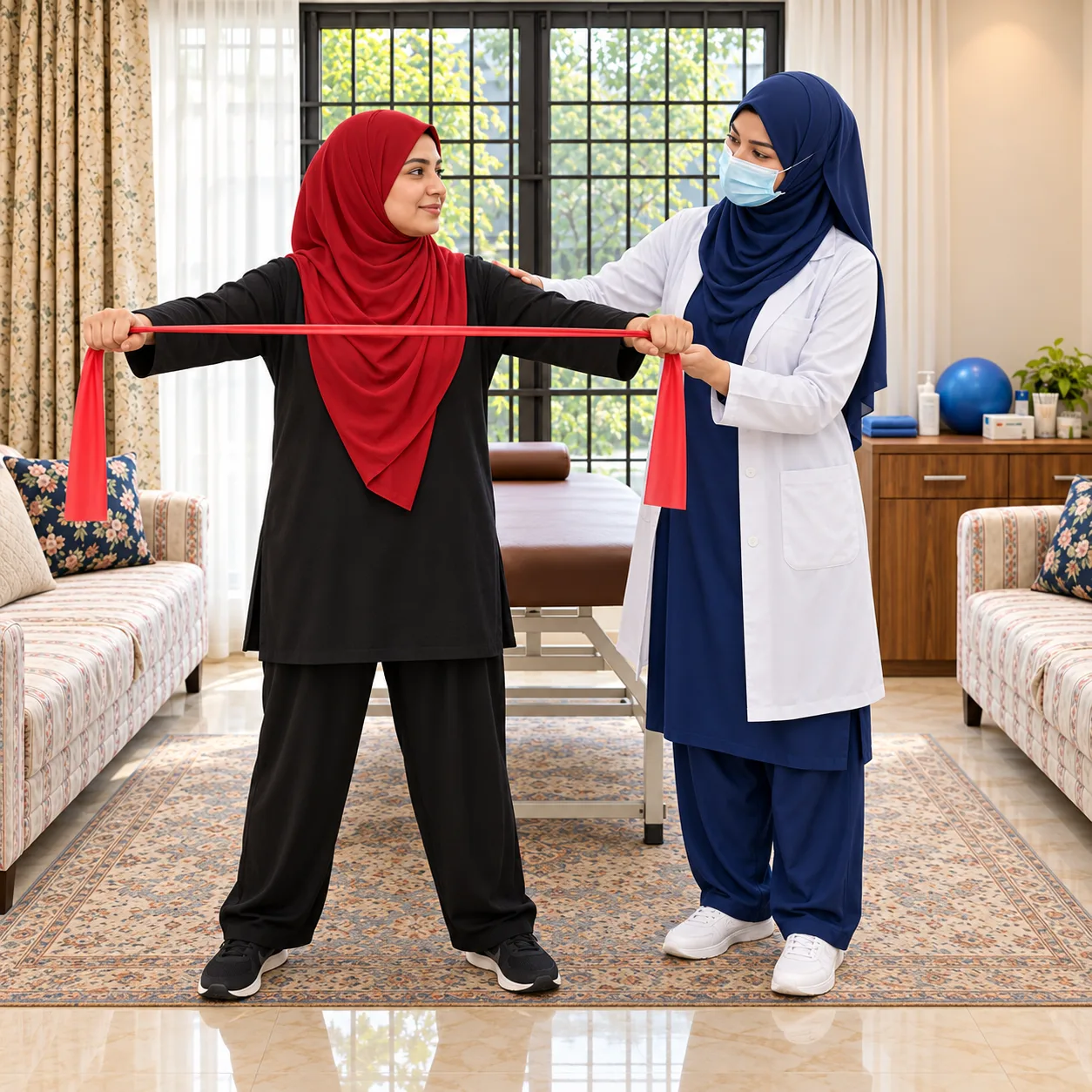 Illustrative gentle standing resistance-band exercise with a woman in black clothing and a red hijab supervised by a masked female physiotherapist.
