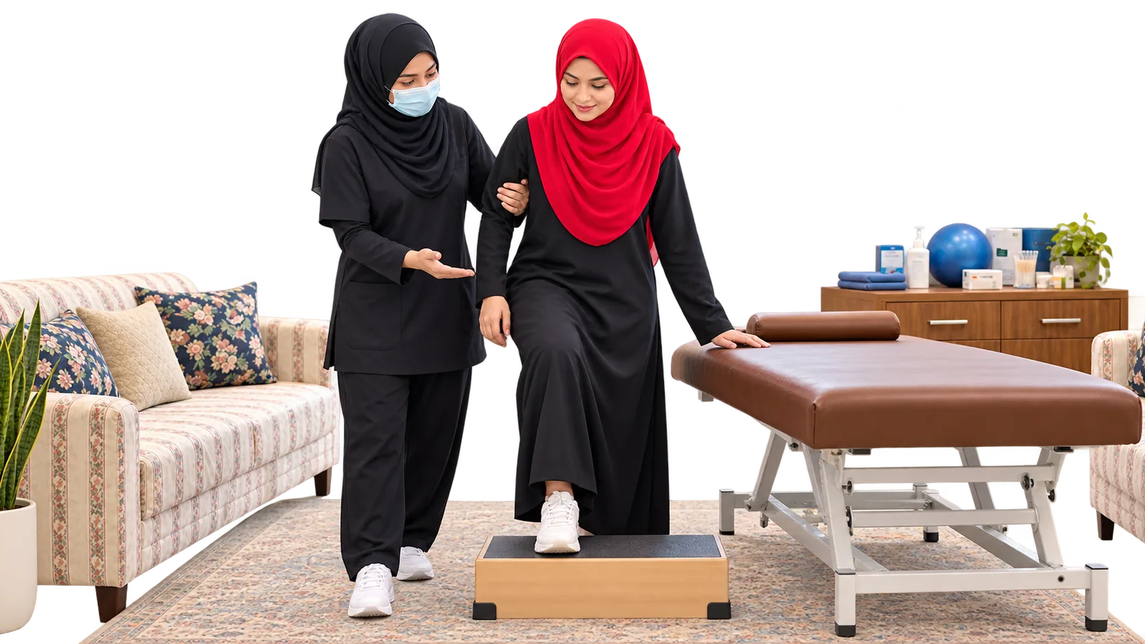 Illustrative image, not a real patient. A patient in a red hijab practises stepping onto a low wooden step while a female physiotherapist in a black hijab and mask steadies her arm, in a bright private studio.