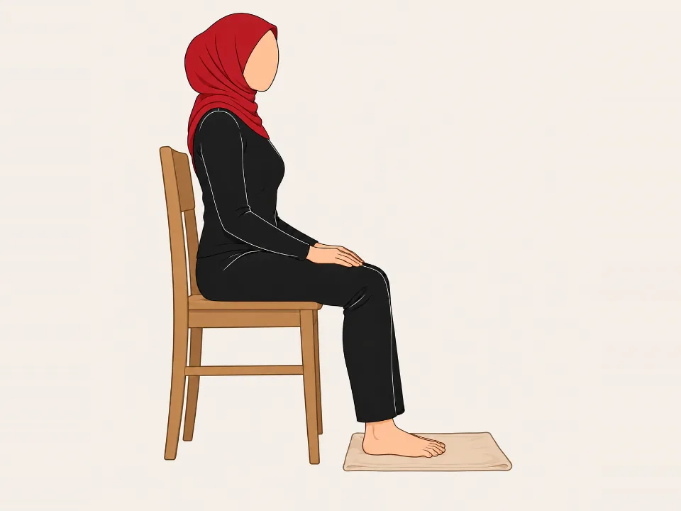 Woman in a red hijab sitting, curling her toes to pull a towel under her bare foot towards her heel.