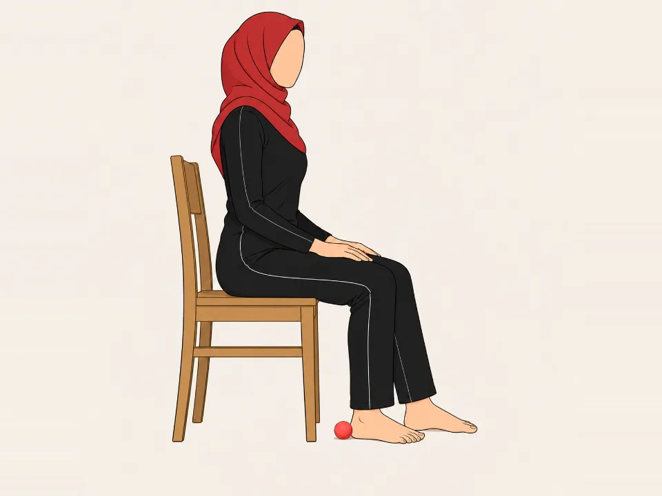 Woman in a red hijab sitting on a chair, rolling a small ball under the arch of her bare foot.