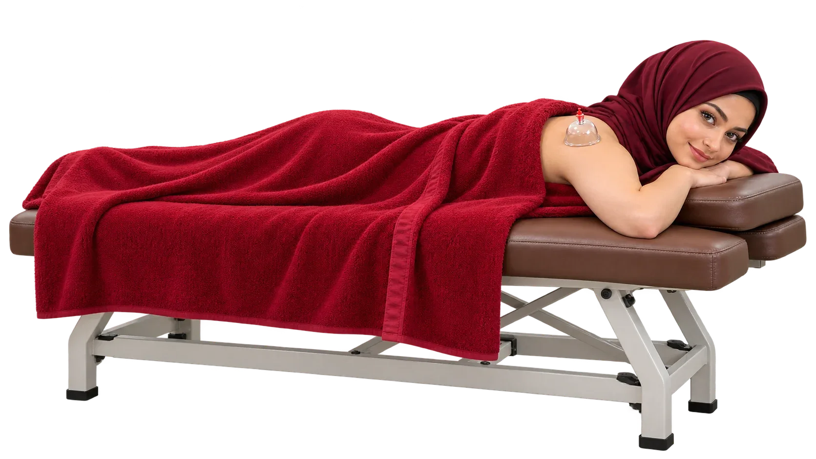 Dry cupping for women in Lahore Woman in a burgundy hijab lying on a treatment table, covered by a red towel, with a suction cup on her shoulder.