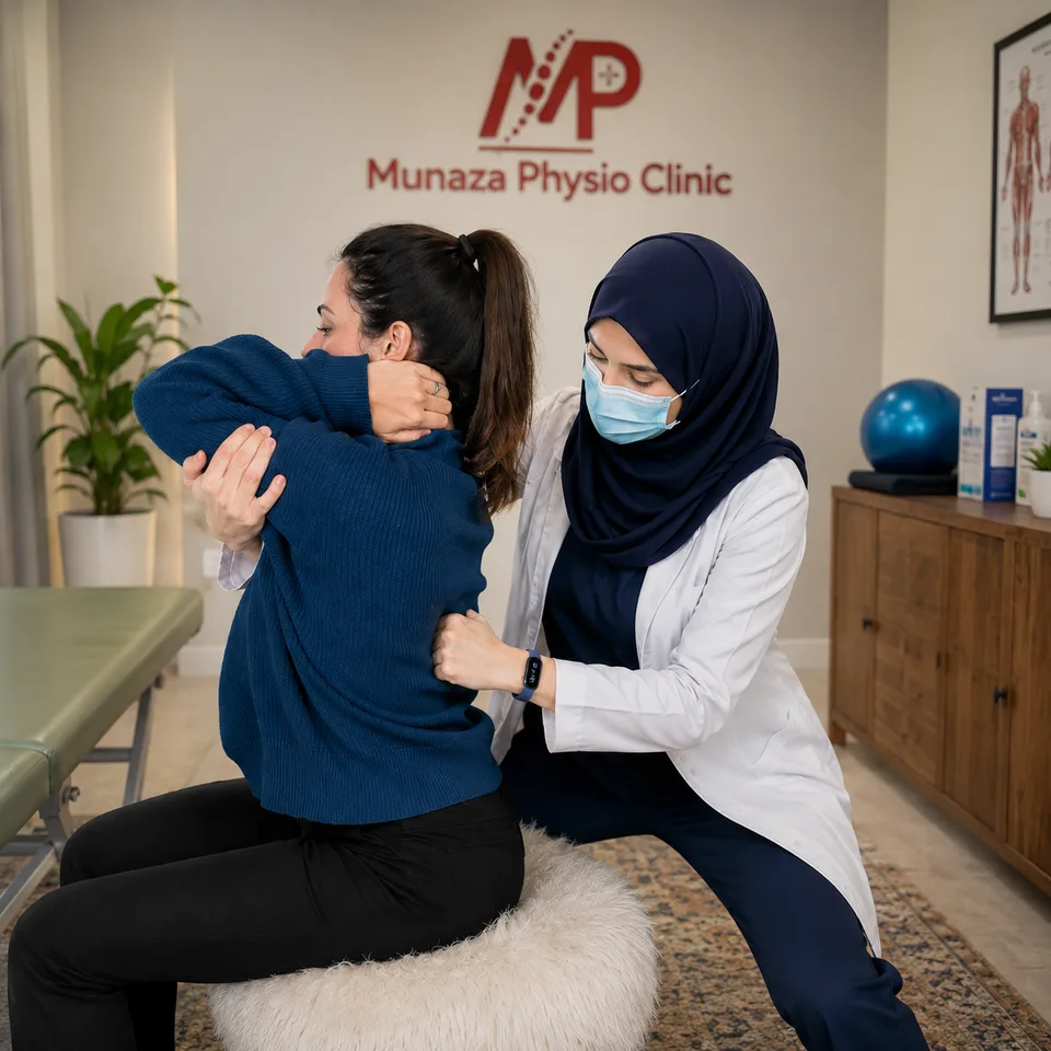 Physiotherapist assessing a patient's upper back and rib area for thoracic pain
