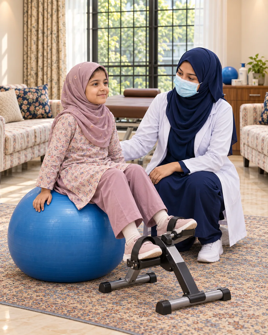 A child with a female physiotherapist during a play-based session, illustrating support for chronic lung disease: activity support.