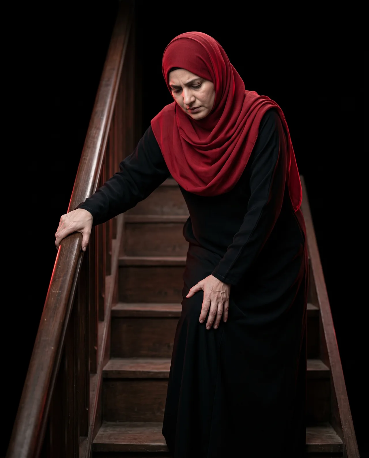 Woman in modest Muslim attire experiencing knee pain while using a stair railing for support