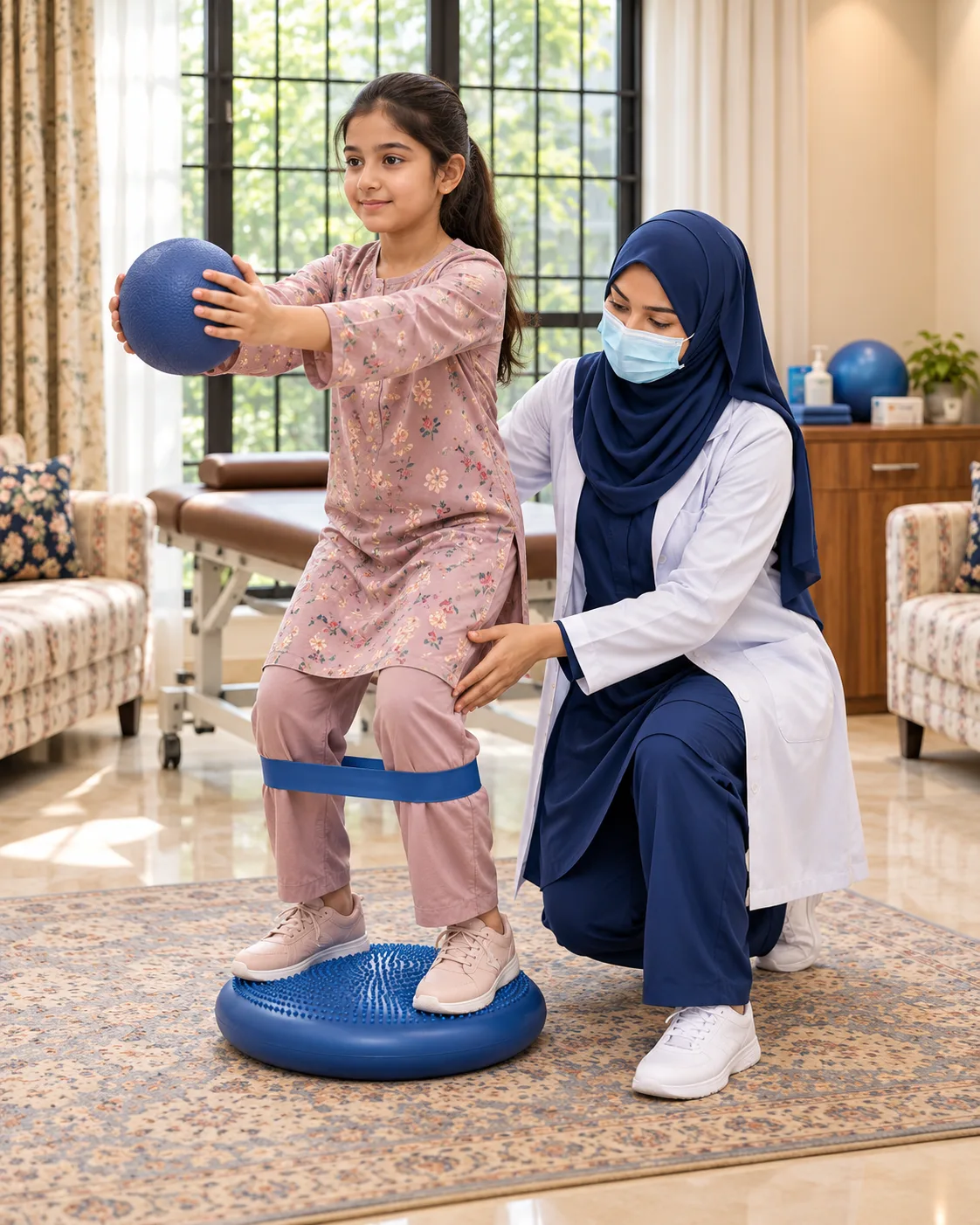 A child with a female physiotherapist during a play-based session, illustrating support for symptomatic joint hypermobility.