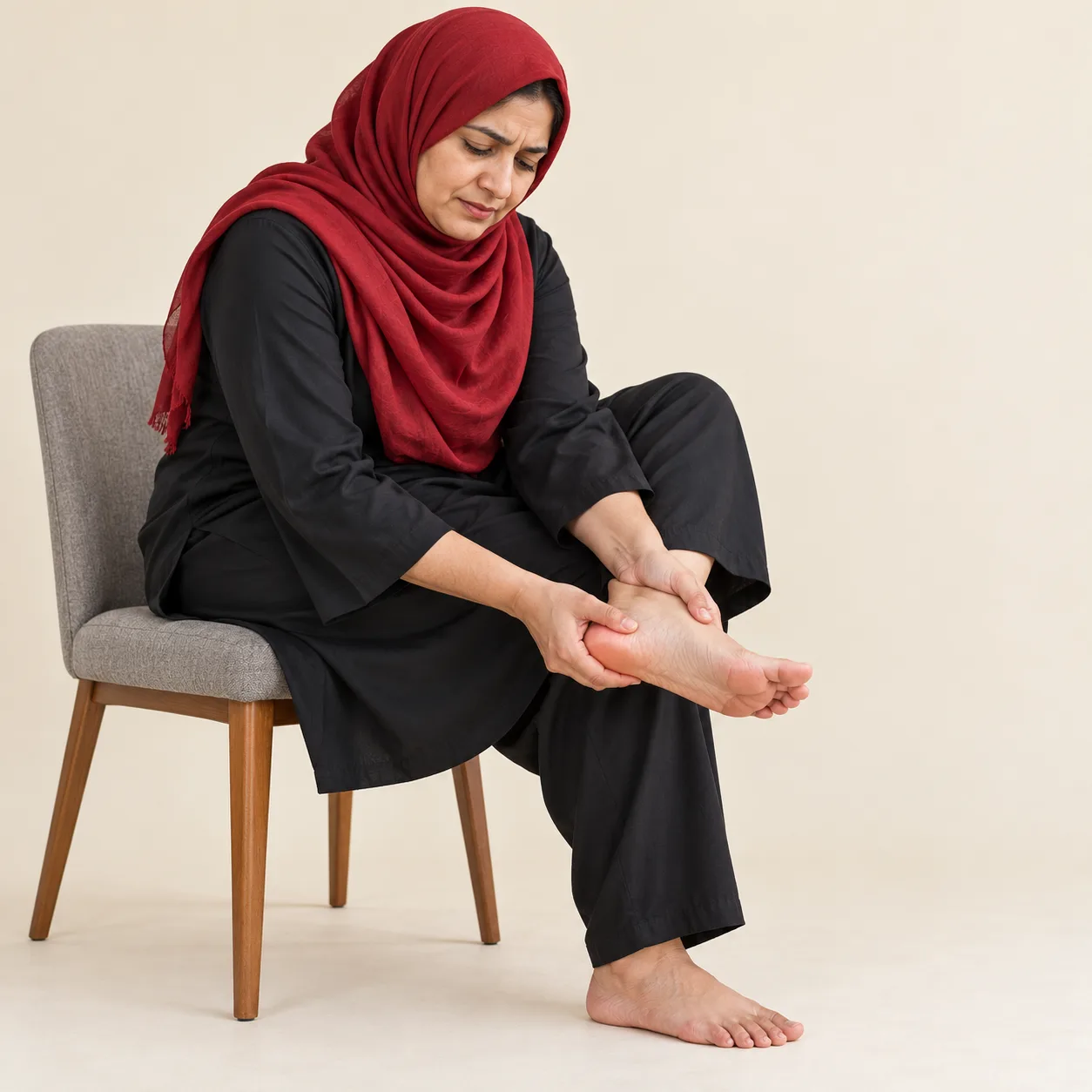 AI-generated Pakistani woman in a red hijab and black clothes sitting on a chair, holding her bare right heel with a pained expression.