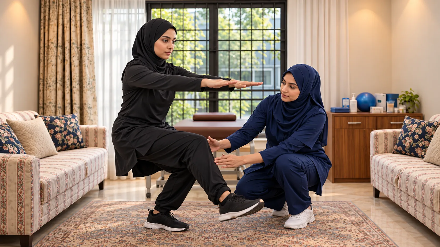 Illustrative image, not a real patient: a woman in a sports hijab doing a single-leg squat as a female physiotherapist checks her knee.