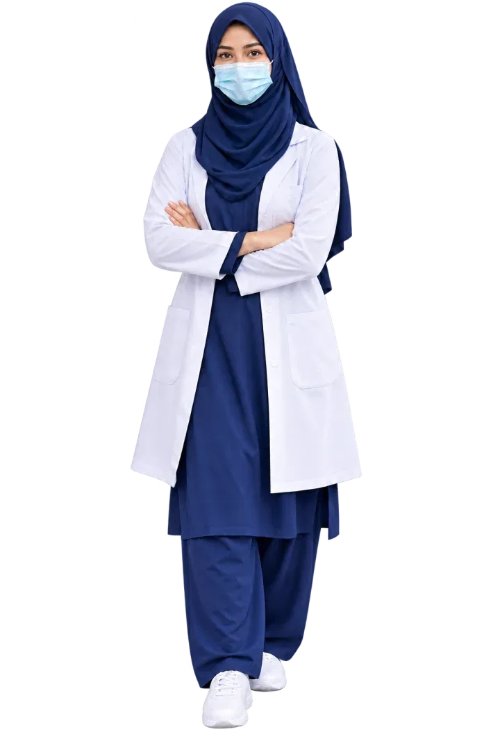 Dr. Munaza Ghani Dr. Munaza Ghani wearing a navy hijab, surgical mask and white clinical coat.