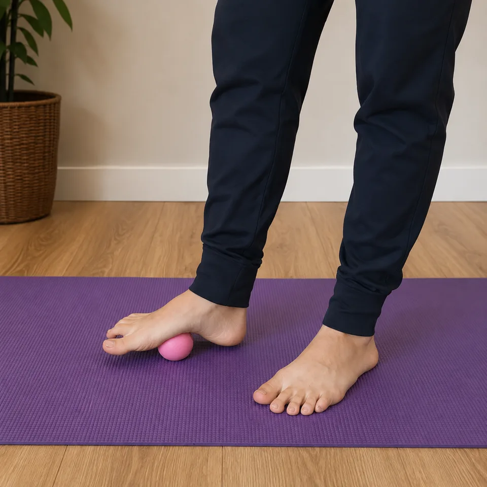 Close-up of a foot rolling a small ball under the arch for plantar heel pain relief