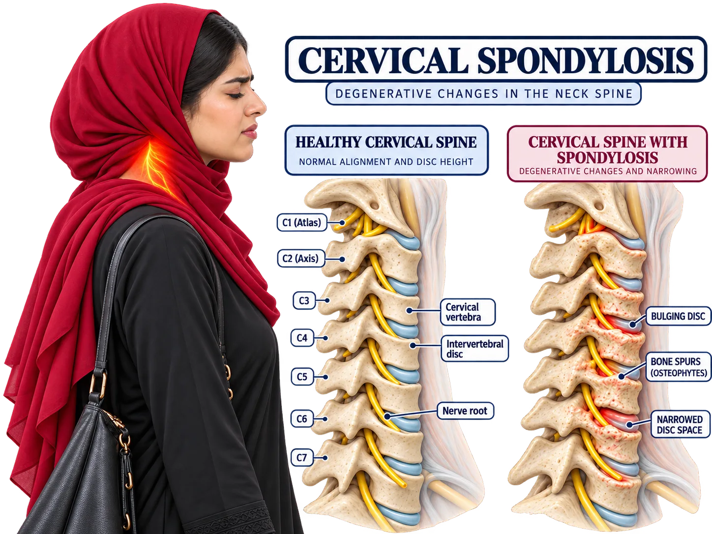 Illustration: a woman in a red hijab with neck stiffness beside a diagram comparing a healthy cervical spine with degenerative changes
