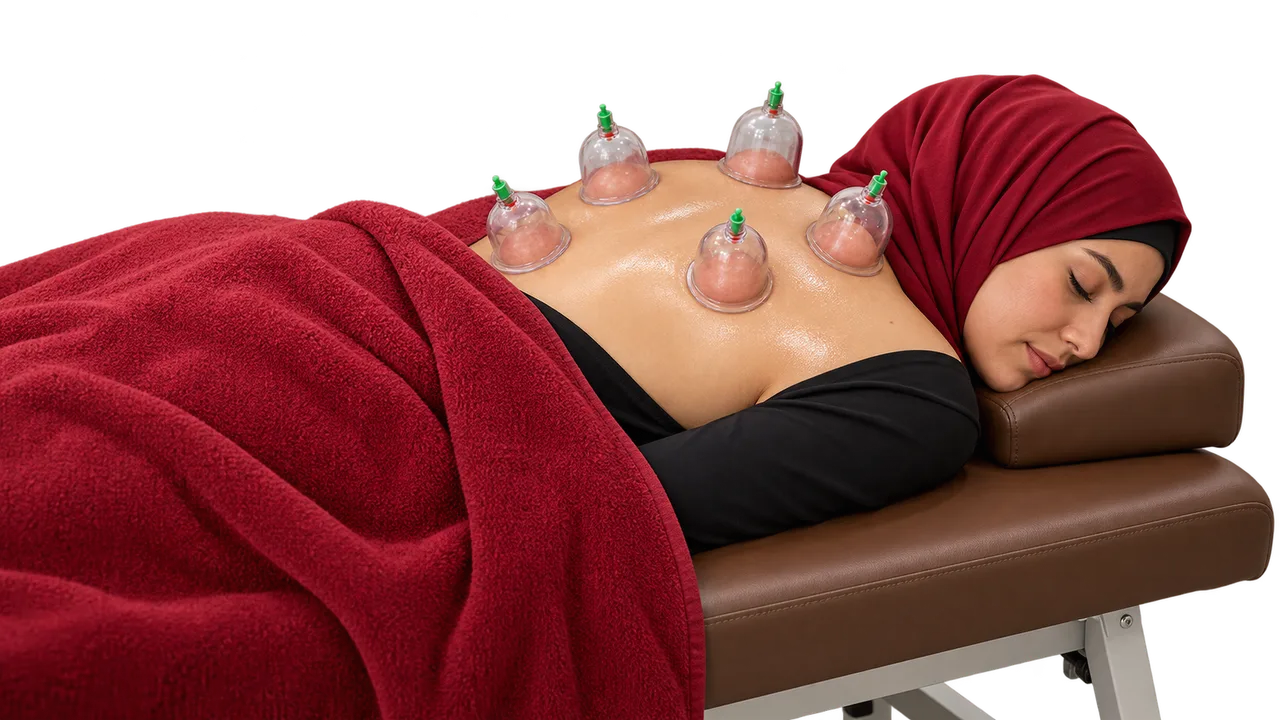 Back dry cupping treatment Woman resting on a treatment table with five transparent cups on her back.