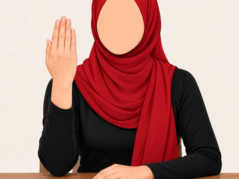 Woman in a red hijab sitting at a table moving her hand through the tendon-glide positions: straight, hook, full fist and flat fist.