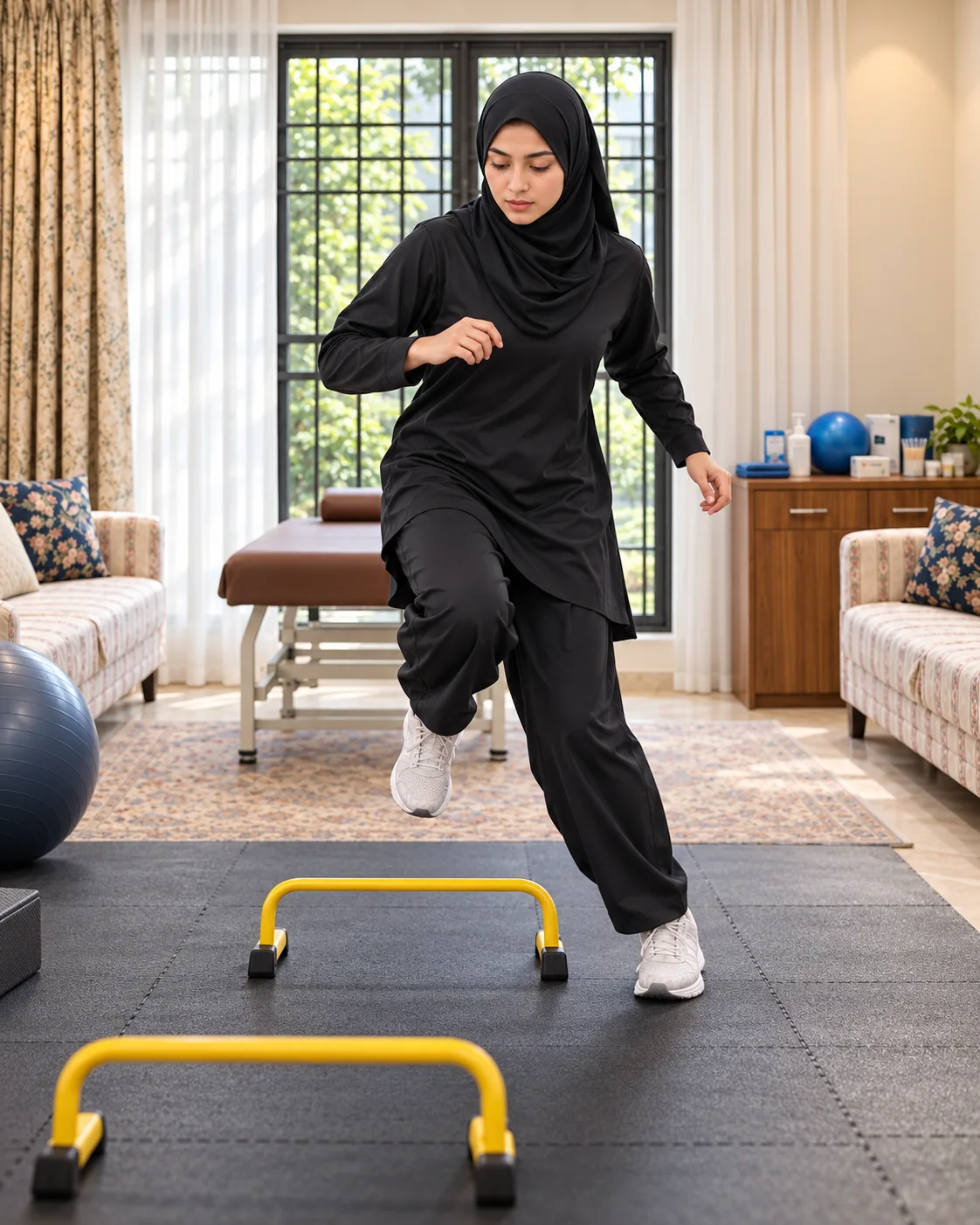 Illustrative image, not a real patient: a woman in a sports hijab stepping quickly over low agility hurdles.