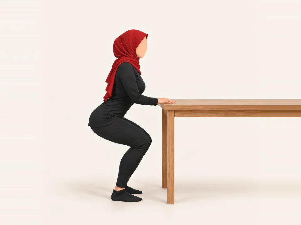 Woman in a red hijab holding a worktop, bending her knees in a small supported squat.