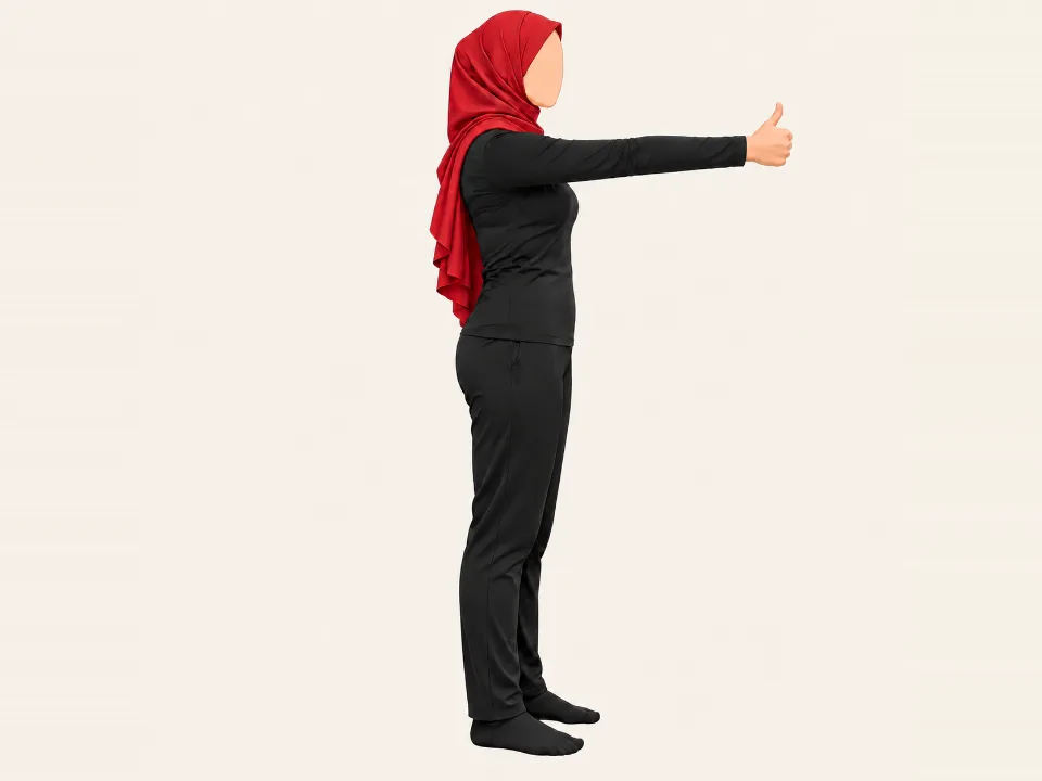 سُرخ حجاب والی خاتون انگوٹھا اُتے کیتے کھلوتی اے، بانہہ سامݨے کندھے دی اُچائی تیکر چک رہی اے۔
