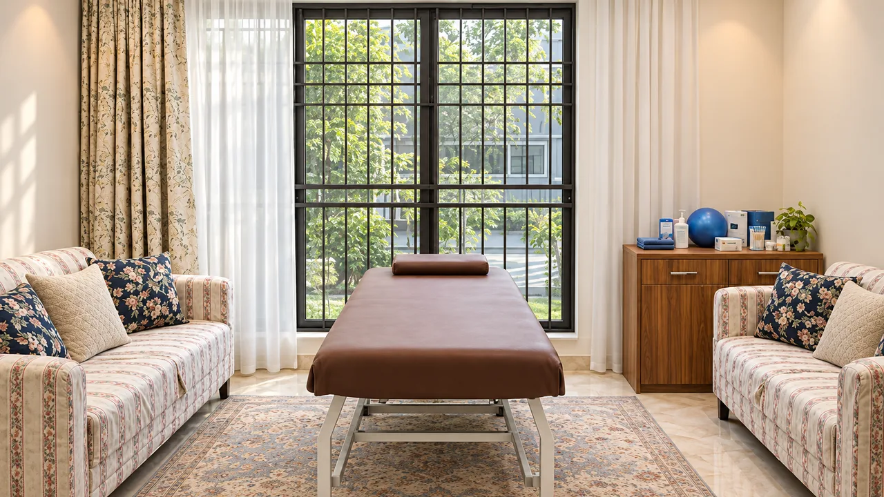 Private Munaza Physio Studio treatment room with a therapy bed, windows and clinic logo.