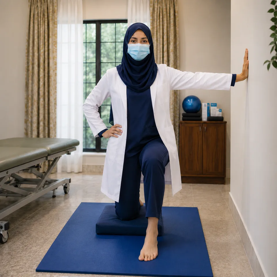 Woman practising a kneeling balance exercise against a wall for lumbar spinal stenosis