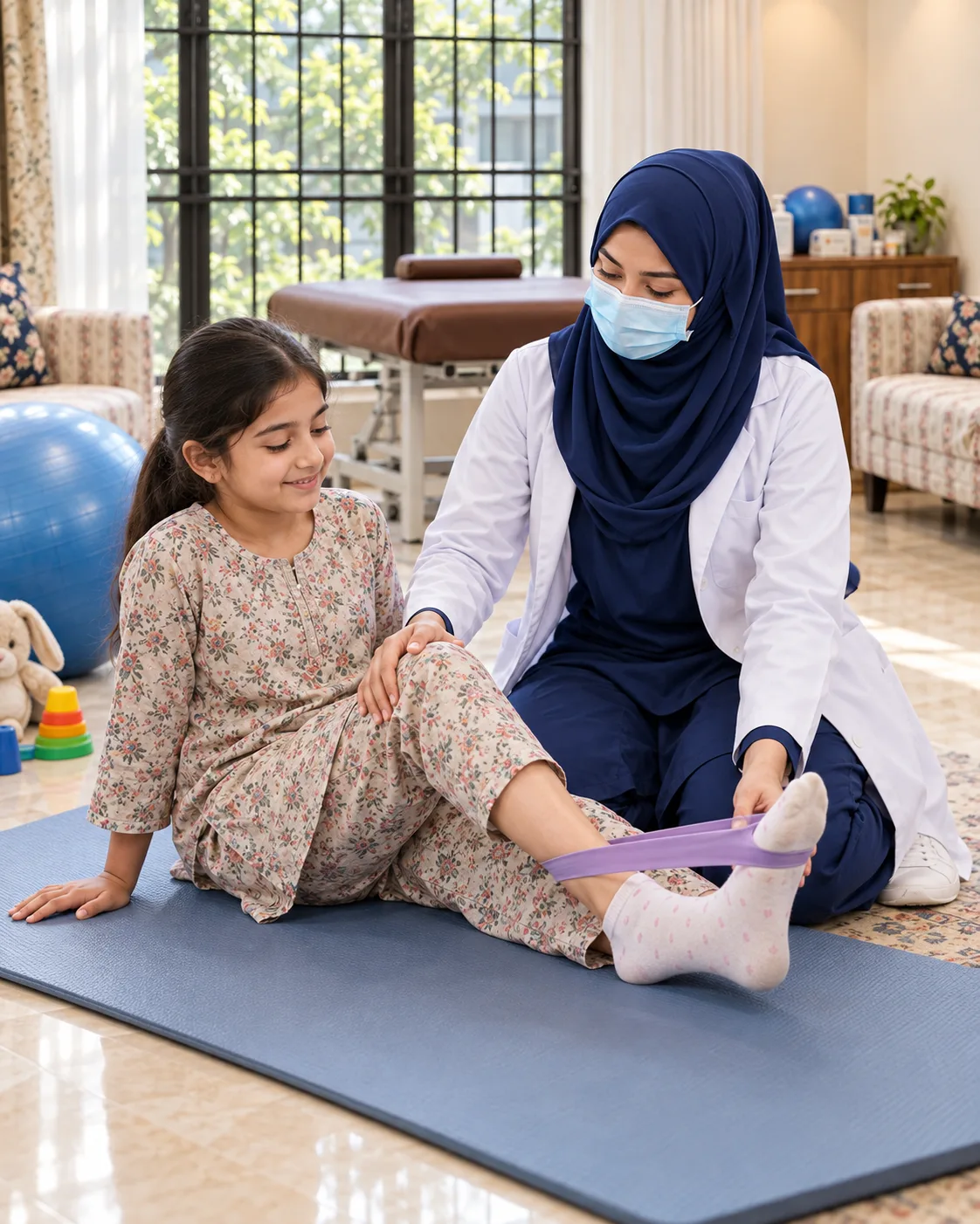 A child with a female physiotherapist during a play-based session, illustrating support for perthes disease.