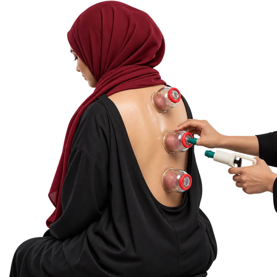 Seated upper-back cupping Clinician using a hand pump to apply transparent cups to a seated woman’s upper back.
