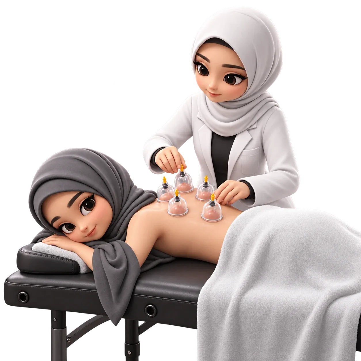 Private women-only treatment Illustration of a female clinician applying dry cups to a woman’s back with modest draping.