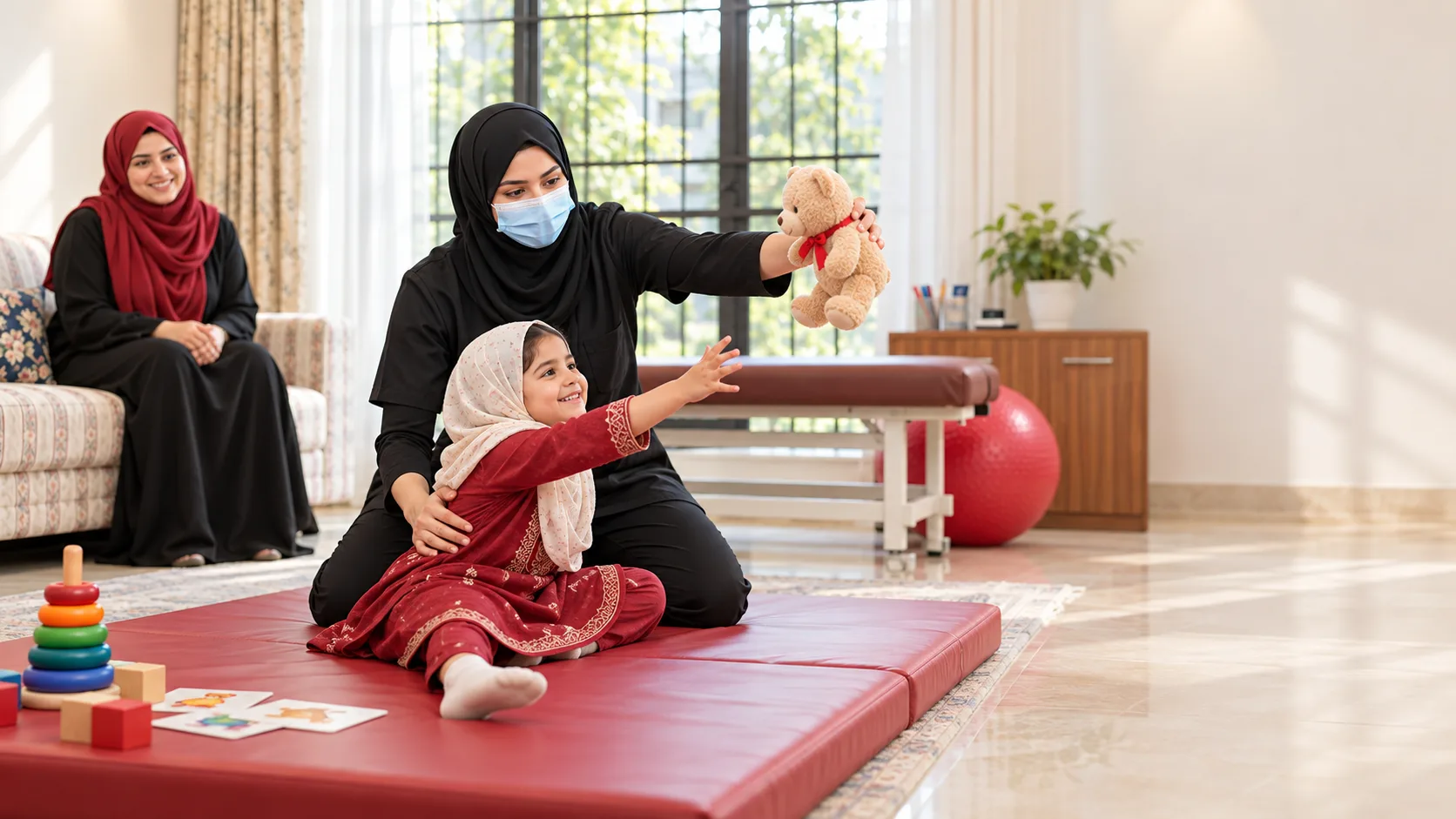 Illustrative image, not a real patient. A young girl sits on a therapy mat reaching for a soft toy while a female physiotherapist in a black hijab and mask kneels beside her, one hand steadying her back, in a bright private studio.
