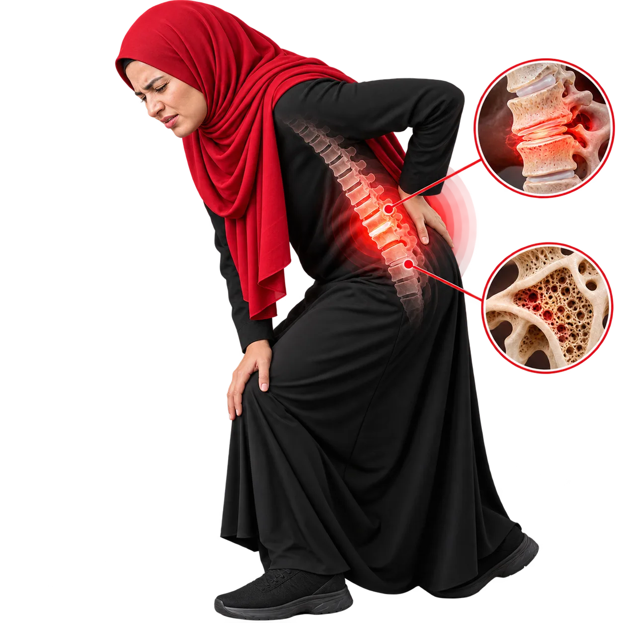 An older woman in a red hijab using a walking stick with a stooped back, her spine highlighted