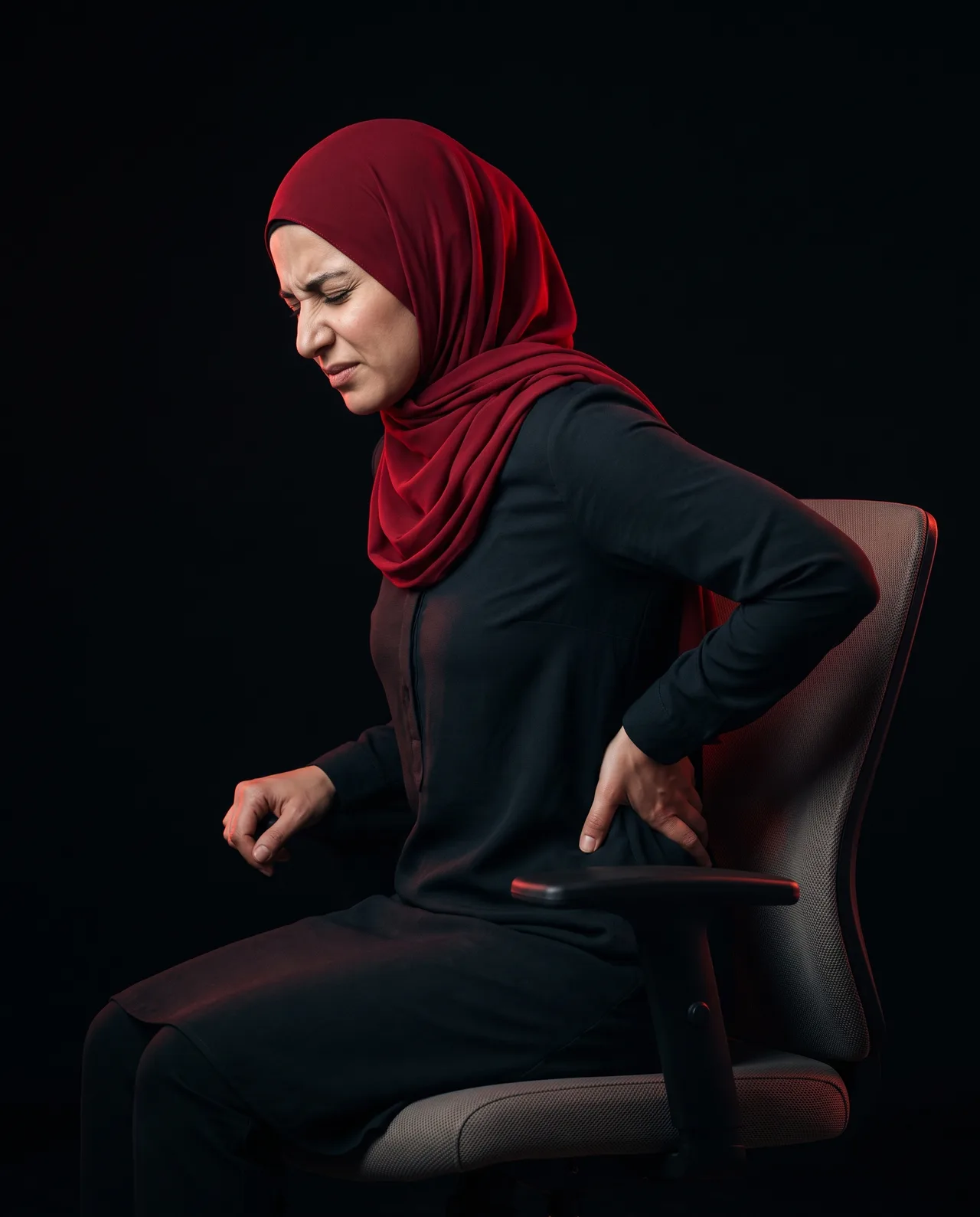 Woman in modest Muslim attire experiencing lower back pain while seated