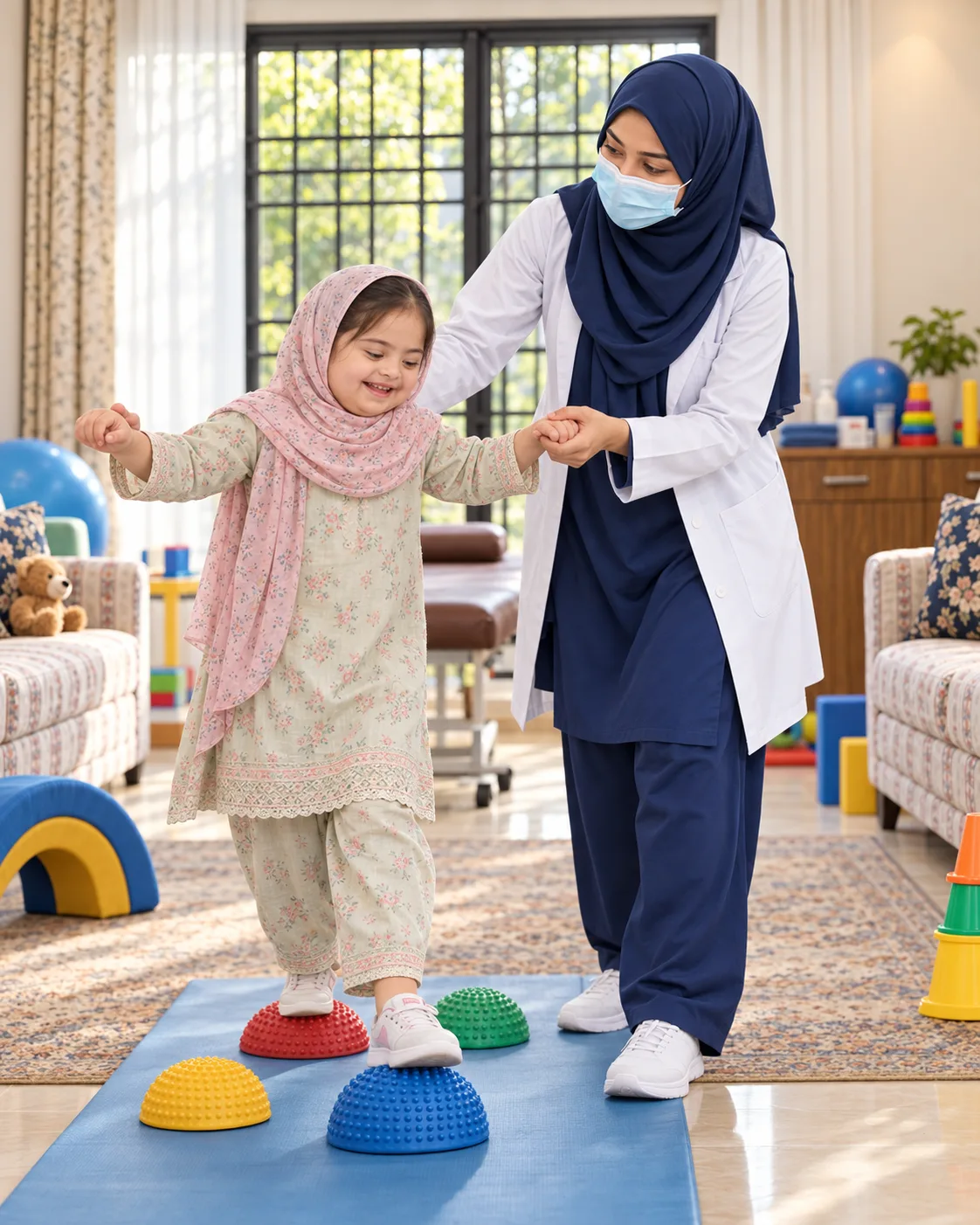 A child with a female physiotherapist during a play-based session, illustrating support for down syndrome.