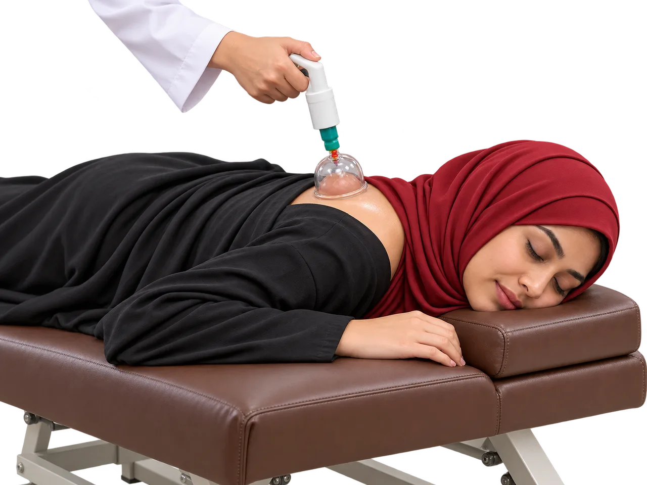 Comfort during dry cupping Woman in a red hijab resting on a treatment table while a clinician adjusts a cup on her upper back.
