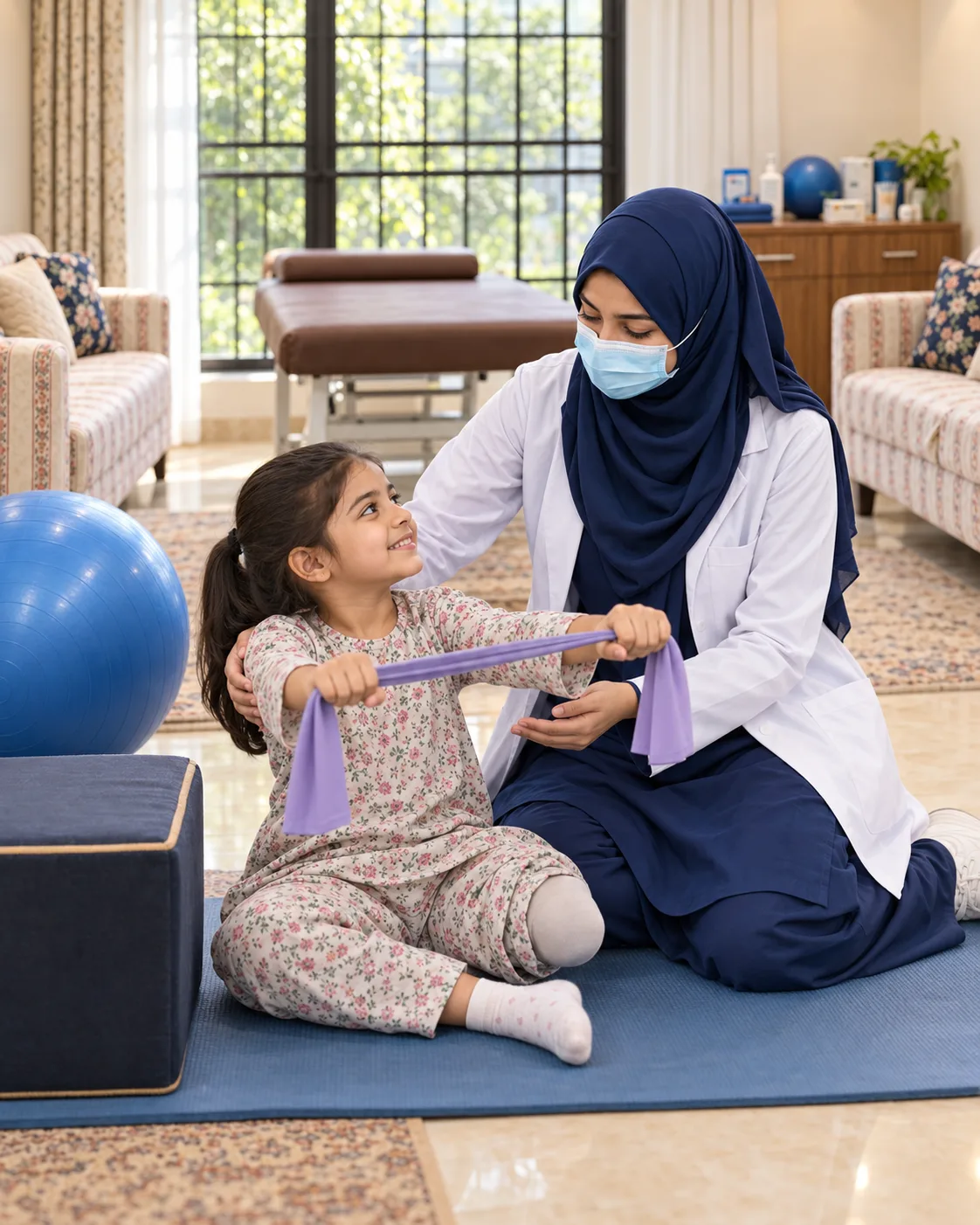 A child with a female physiotherapist during a play-based session, illustrating support for post-amputation rehabilitation.