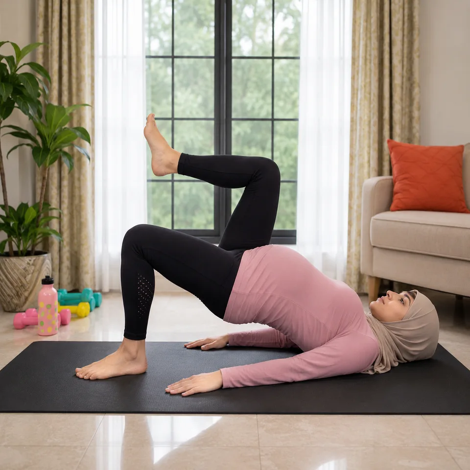 Woman performing a single-leg glute bridge exercise on a mat for sacroiliac and pelvic-girdle pain