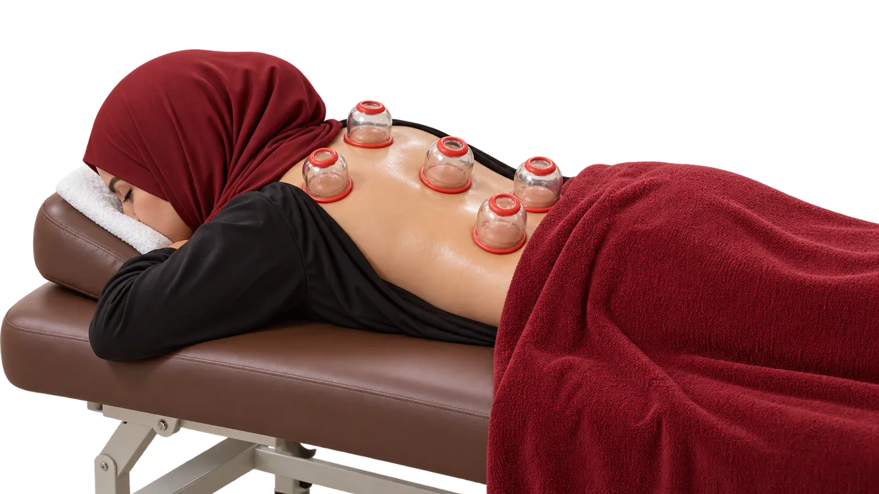 Upper-back dry cupping Woman lying face down with transparent cups across her upper back and a red towel covering her lower body.