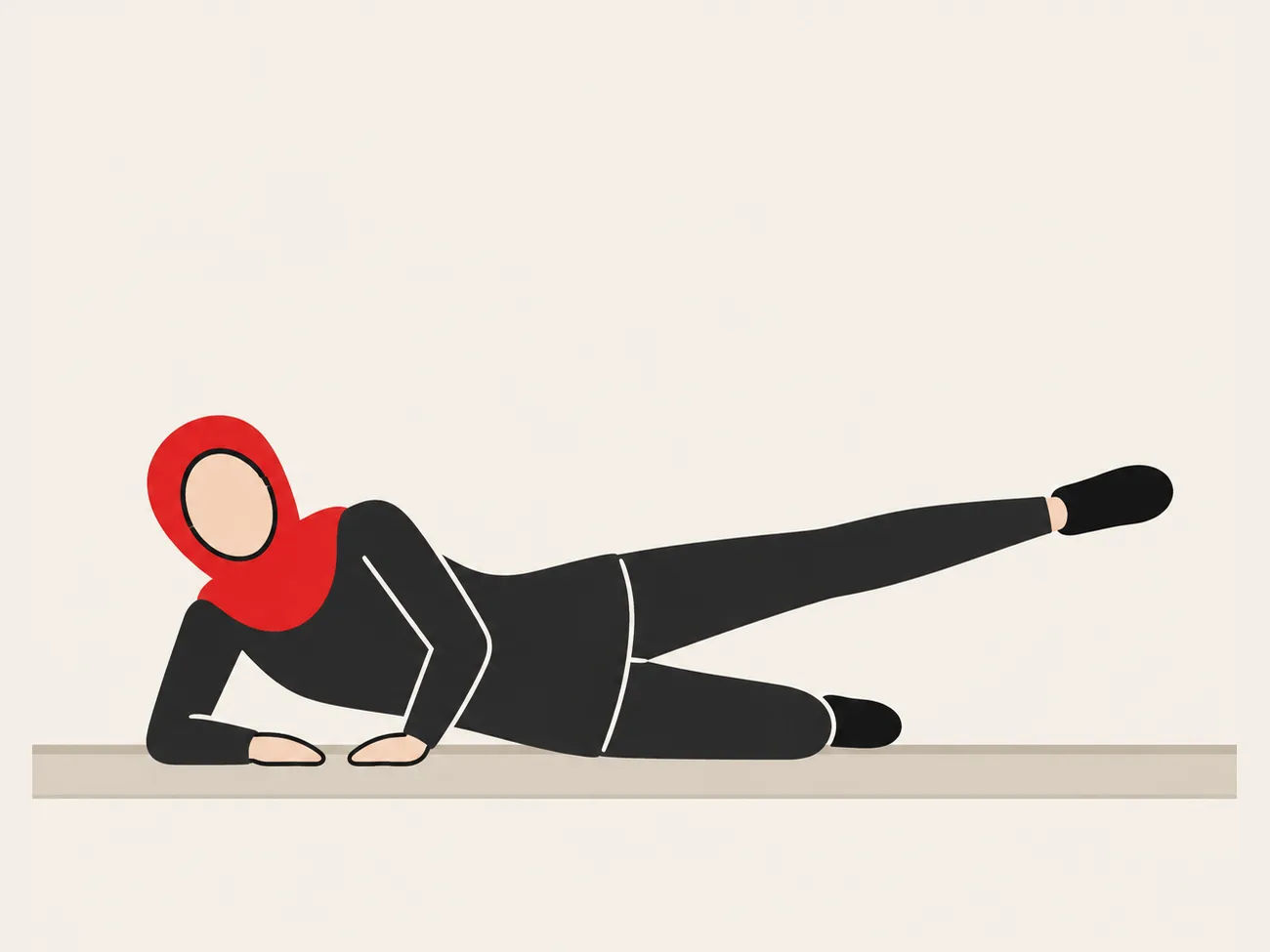 Woman in a red hijab lying on her side with her upper leg lifted.