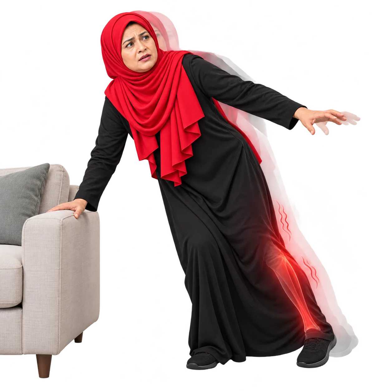 A woman in a red hijab suddenly losing her balance and grabbing the arm of a sofa, one leg giving way