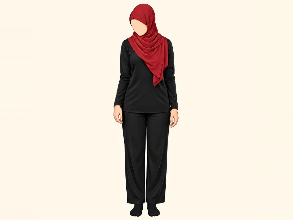 Woman in a red hijab standing with her arm by her side, rolling her shoulder down and bending her wrist forward.