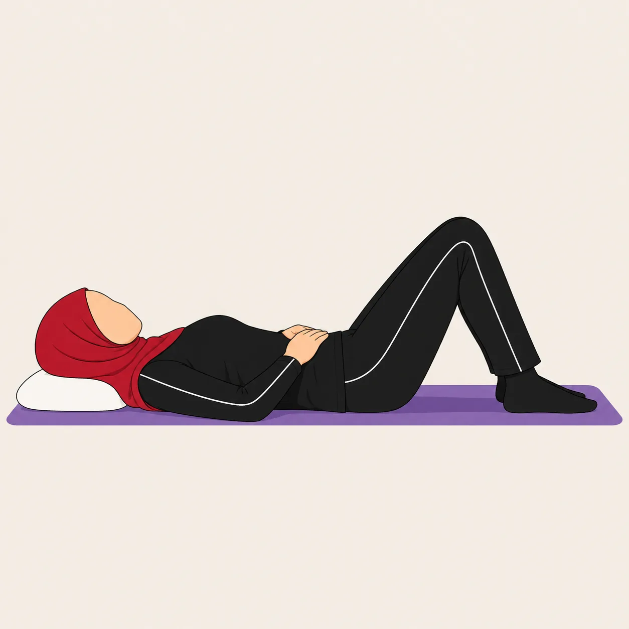 Woman in a red hijab lying on her back with one knee lifted above the hip, hands on her lower tummy.