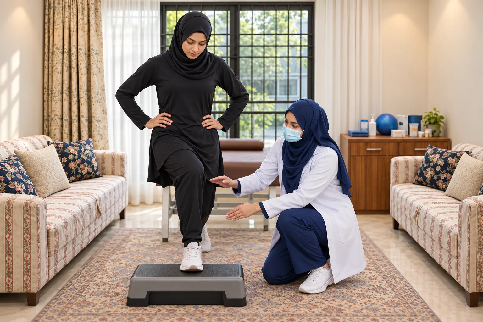 Illustrative image, not a real patient: a woman in a sports hijab doing a step test as a female physiotherapist guides her knee.